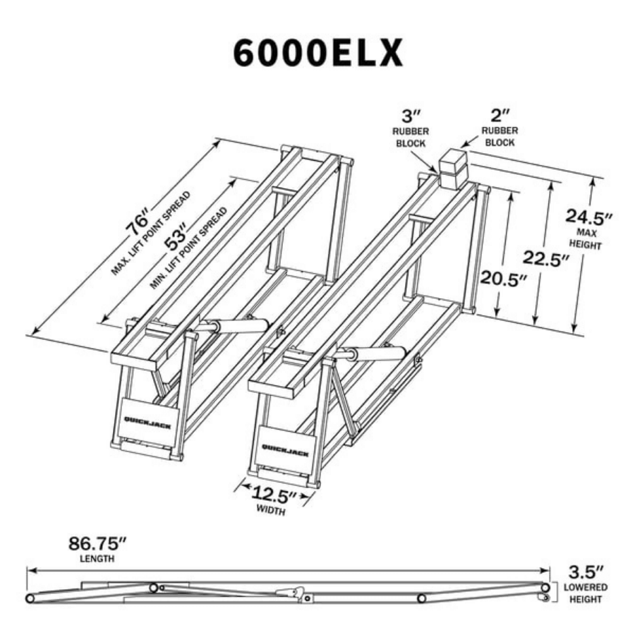 Technical drawing of a Quickjack with dimensions labeled, featuring the model number 6000ELX.