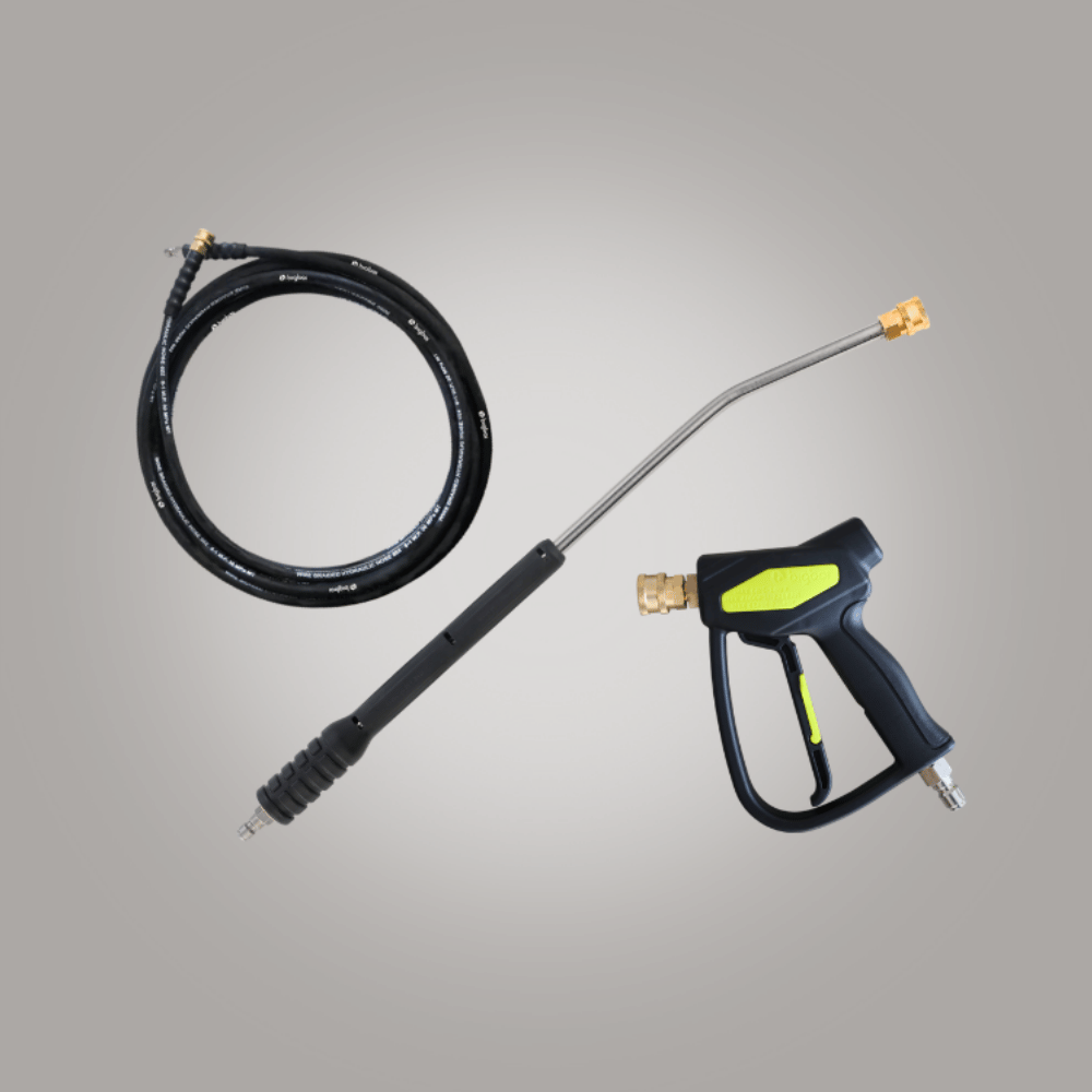 High-pressure washer gun with hose on a gray background
