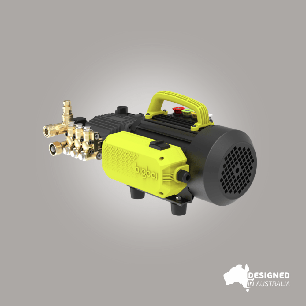 High-pressure washer pump with a bright yellow and black design on a gray background, featuring the brand 'Bigboi'.