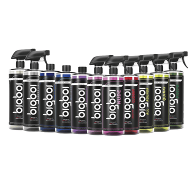 Row of BigBoi product bottles on a white background