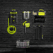 Collection of BigBoi branded equipment including a pressure washer, hose, and chemicals against a black brick wall.