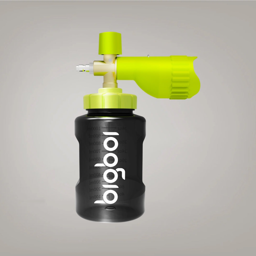 Black and green foamR attachment on a gray background