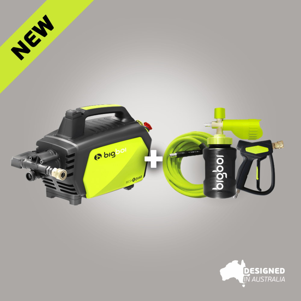 Big Boi pressure washer and spray gun set on a gray background with 'Designed in Australia' text.