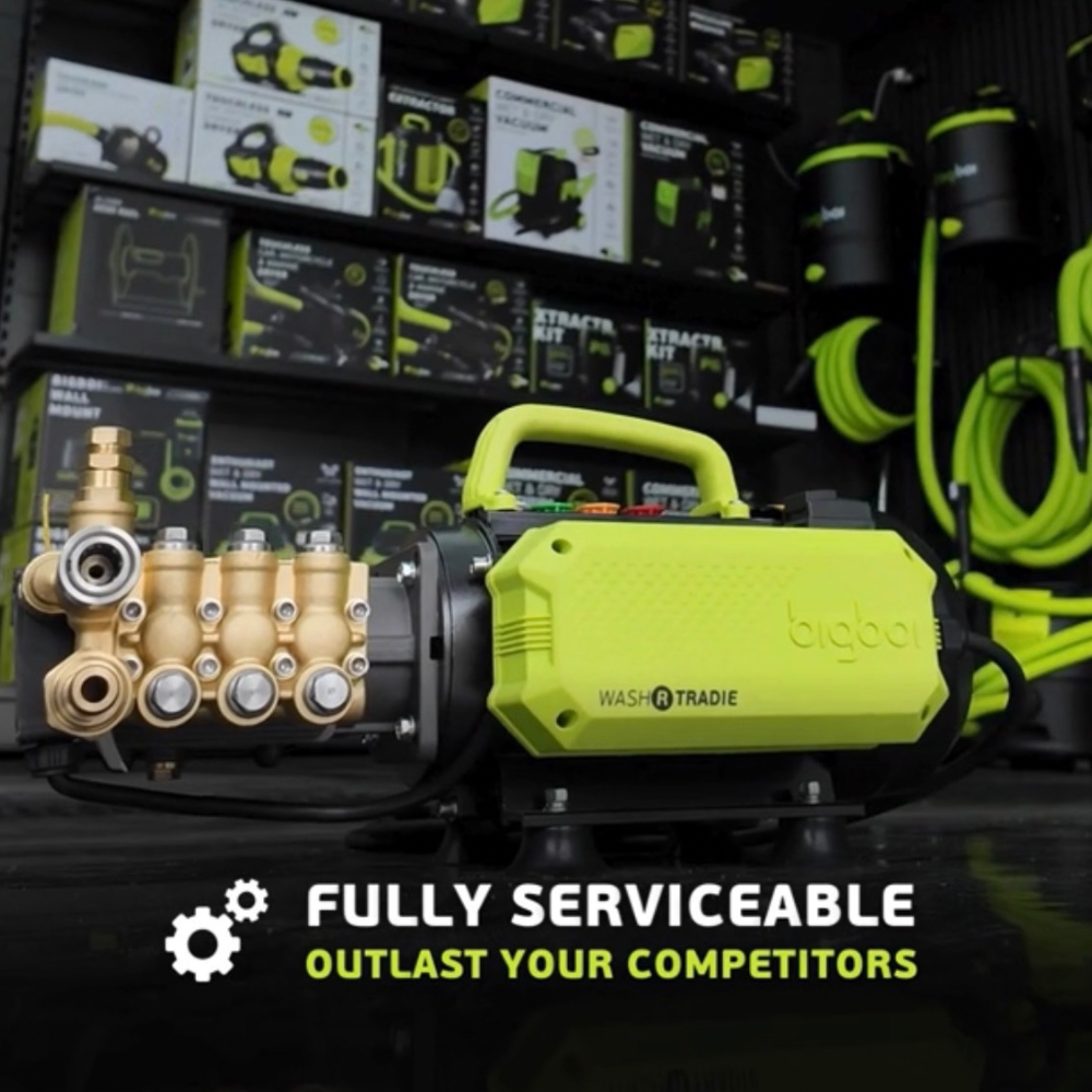 Yellow pressure washer with pump assembly on a dark background with branding and text.