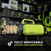 Yellow pressure washer with pump assembly on a dark background with branding and text.