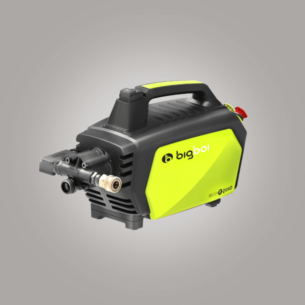 Black and yellow pressure washer pump with 'bigbol' branding on a gray background