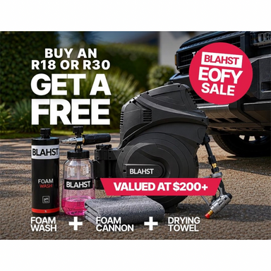 BLAHST car cleaning equipment with promotional text for a free offer during EOFY sale.