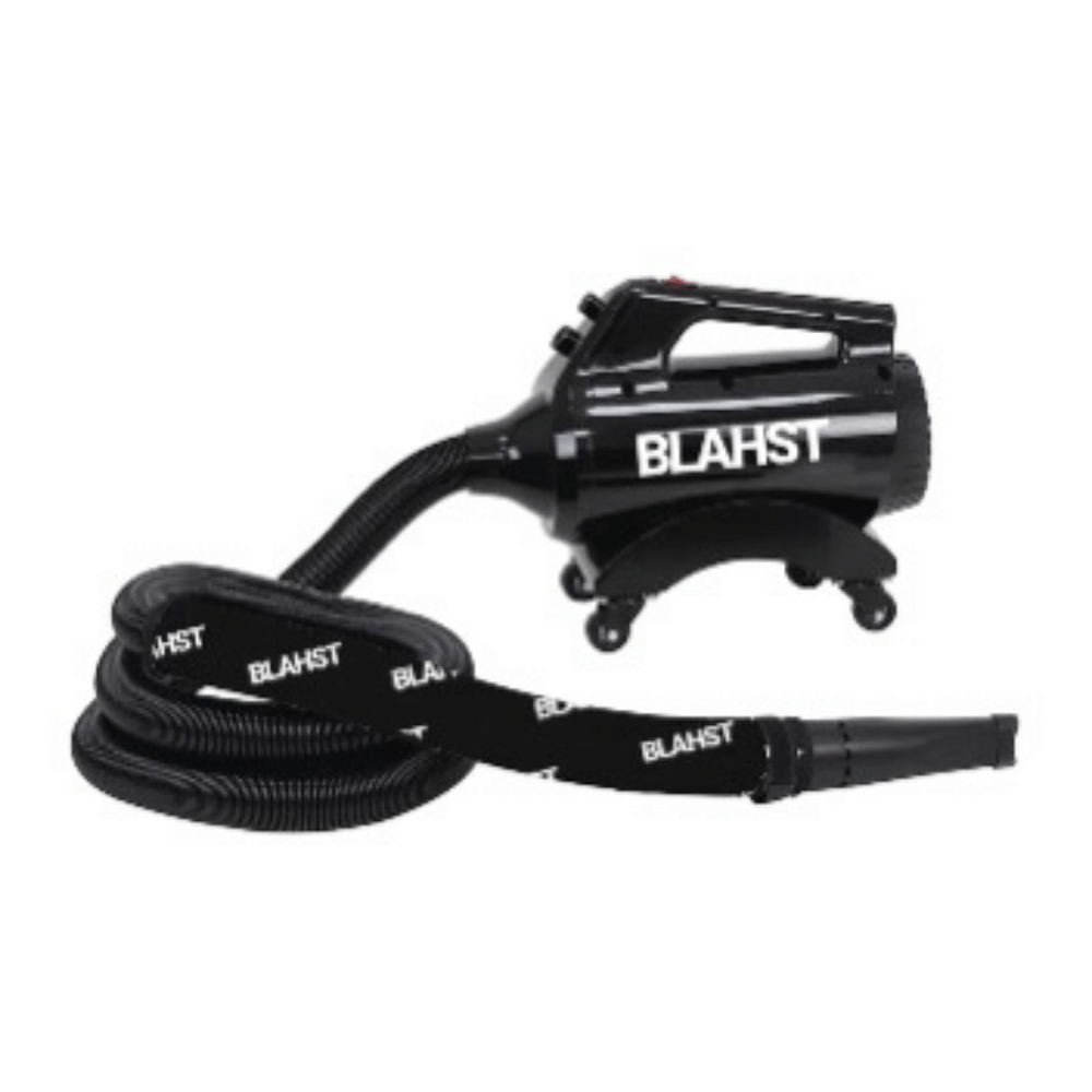 Black BLAHST car dryer with coiled hose on a white background