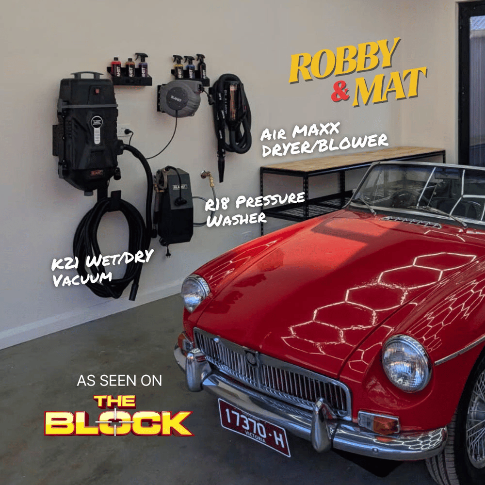 Red car in a garage with Blahst trio bundle labeled, featuring 'as seen on the block' branding.