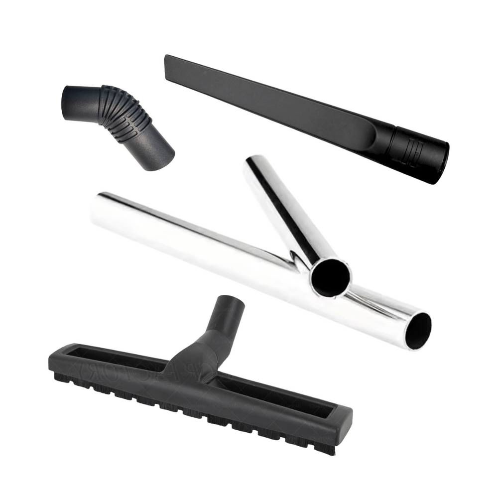 Set of vacuum cleaner attachments including a brush, nozzle, and other tools on a white background