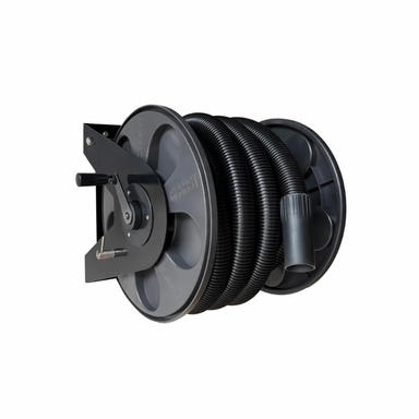 Black hose reel with coiled hose on a white background