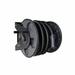 Black hose reel with coiled hose on a white background