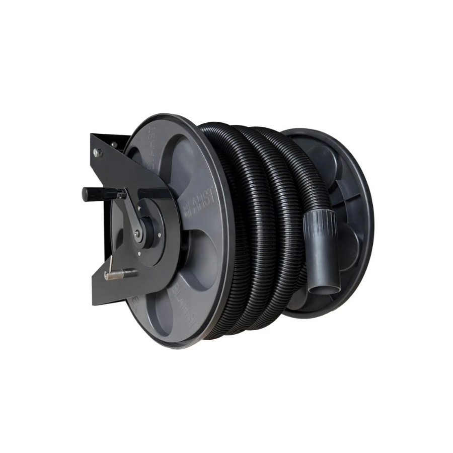 Black hose reel with coiled hose on a white background
