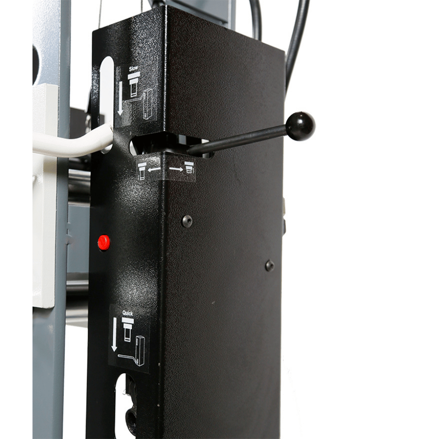 Close-up of a press control lever with labels on a white background