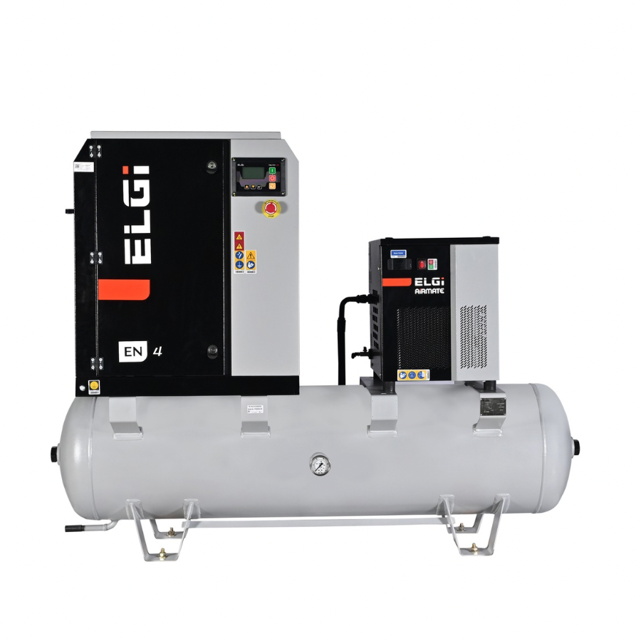 ELGI EN4 air compressor system featuring a large gray air tank, a black and gray control unit, and a smaller electric motor drive, all on a white background.