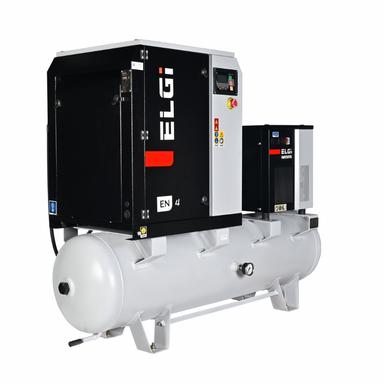 ELGI EN4 industrial air compressor and accumulator unit on a plain white background, featuring a large black and white main housing with a red accent, a smaller black control module, and a white cylindrical air tank.