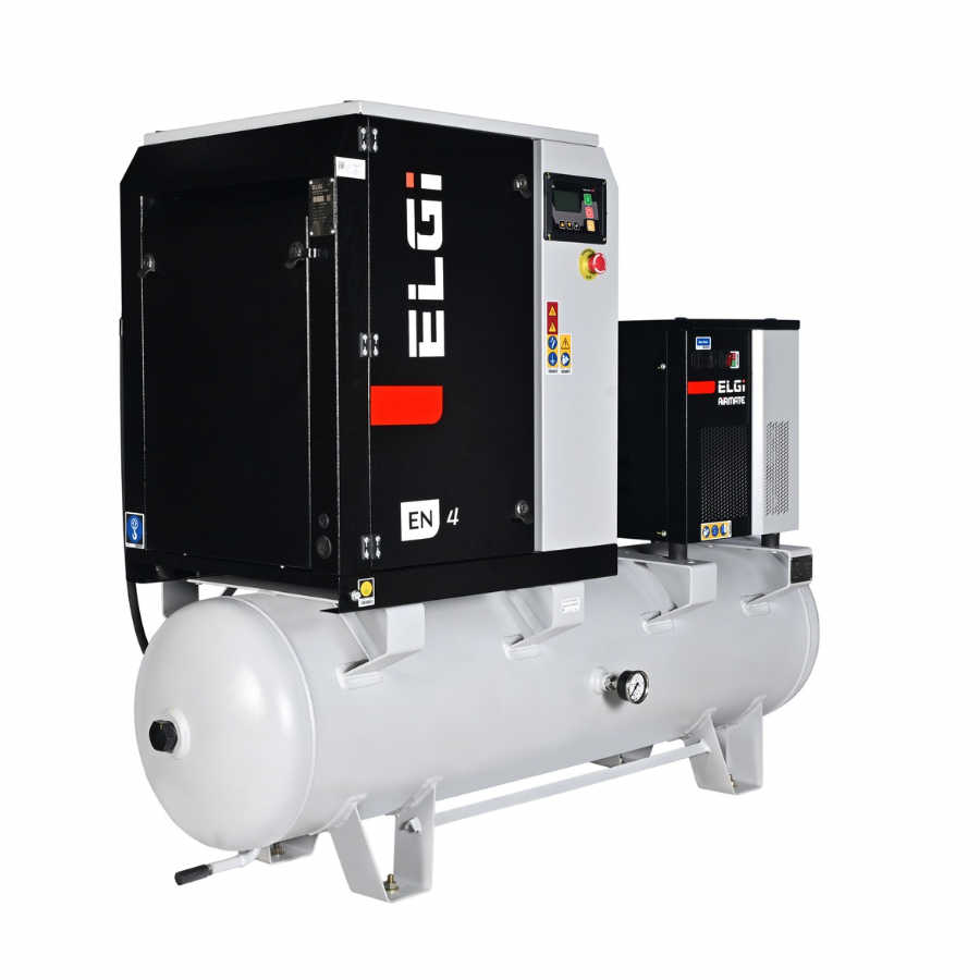 ELGI EN4 industrial air compressor and accumulator unit on a plain white background, featuring a large black and white main housing with a red accent, a smaller black control module, and a white cylindrical air tank.