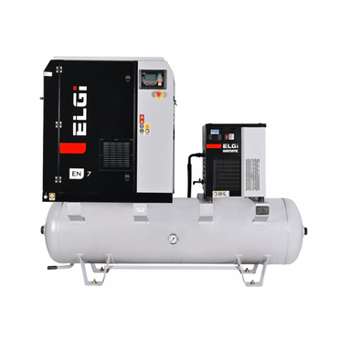ELGI air compressor system with a large gray cylindrical air tank, a black and white EN 7 compressor unit, and a smaller auxiliary motor control box, shown on a solid white background.
