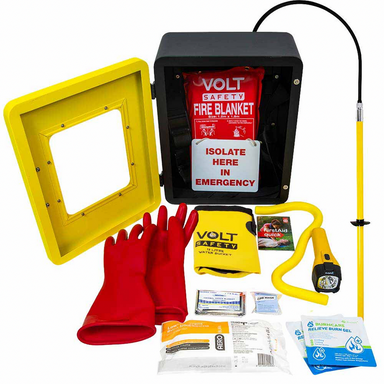 Volt Safety EV rescue kit with fire blanket, gloves, and emergency supplies on a white background