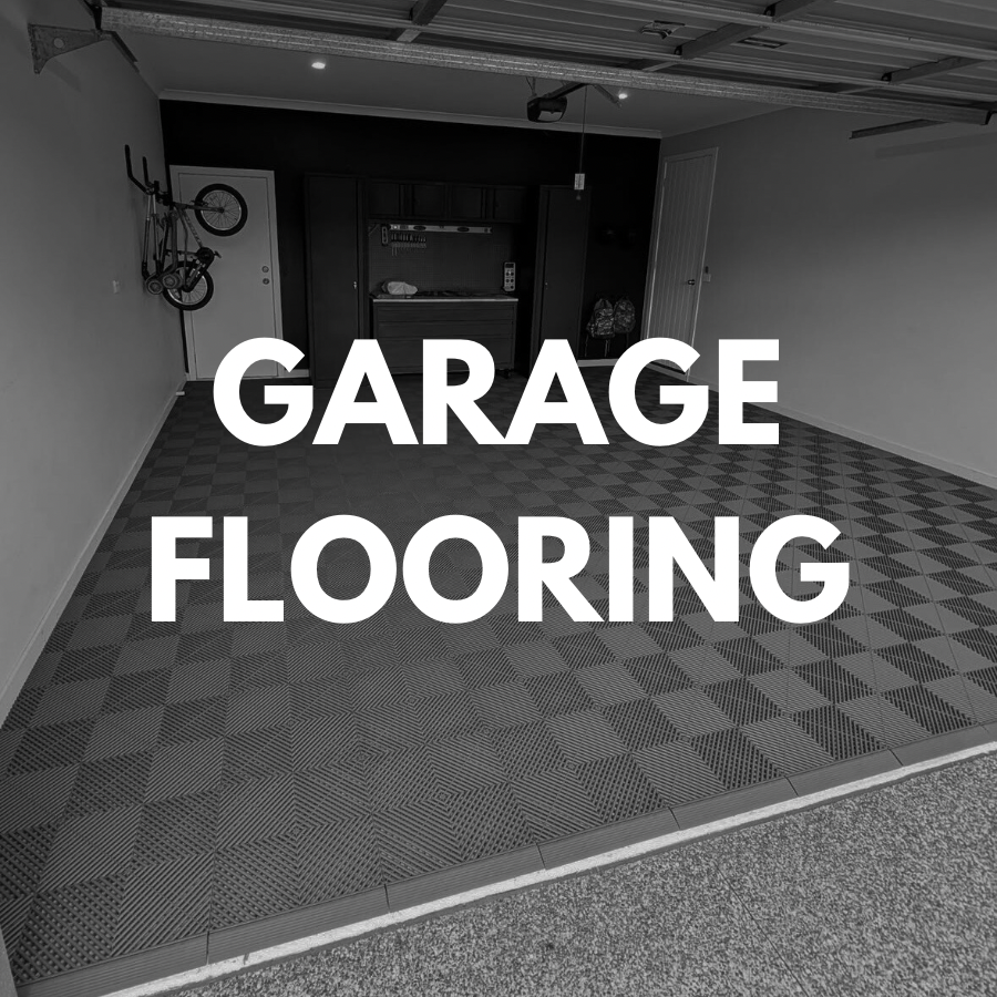 Garage with checkered flooring and text overlay 'GARAGE FLOORING'.