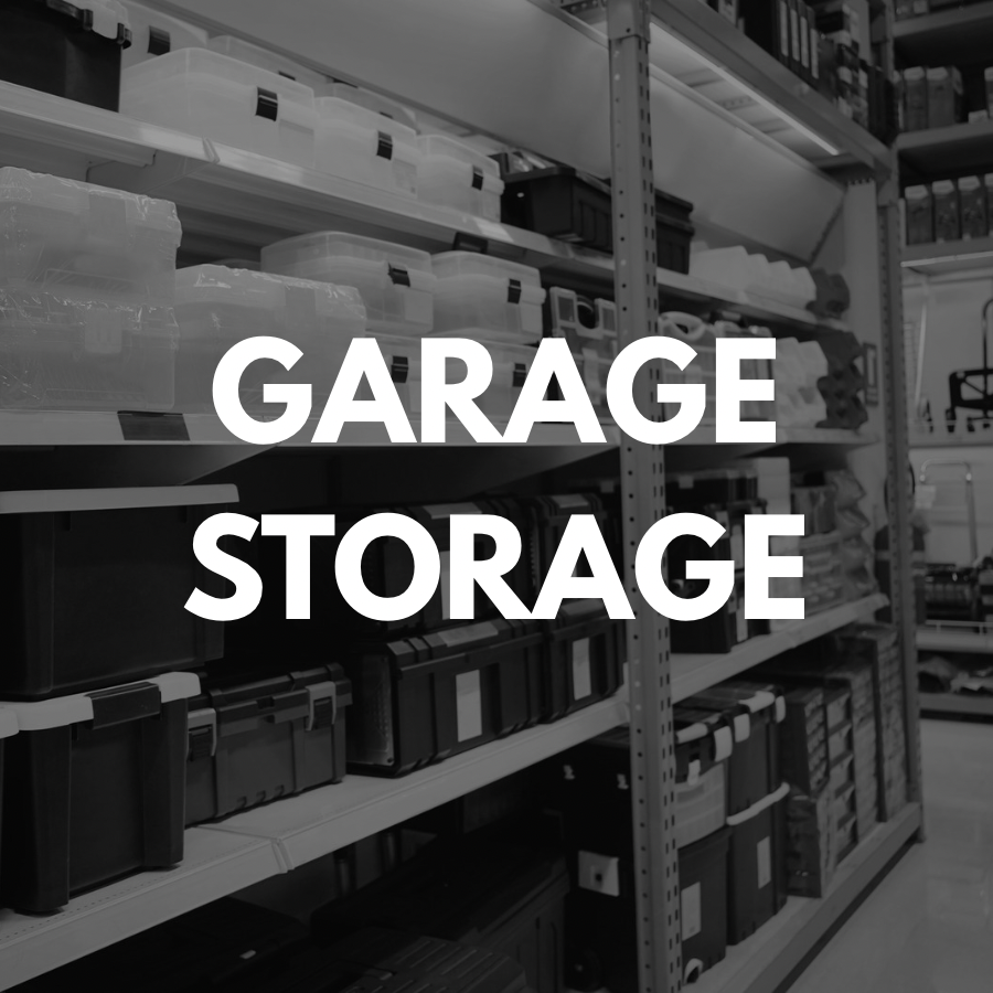 Shelving unit with storage bins labeled 'Garage Storage'.