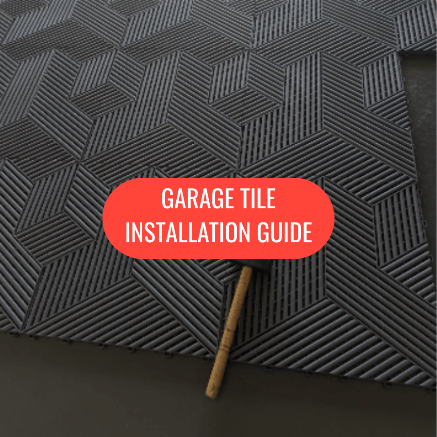 Text 'Garage Tile Installation Guide' on a textured black surface with a red label.