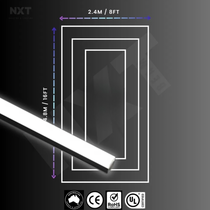 Trio LED strip light with dimensions and certification logos on a dark background