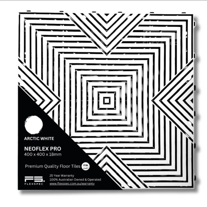 Packaging of Neoflex Pro floor tiles with geometric design