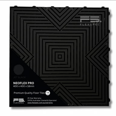 Black floor tile packaging with geometric pattern and Flexspec branding