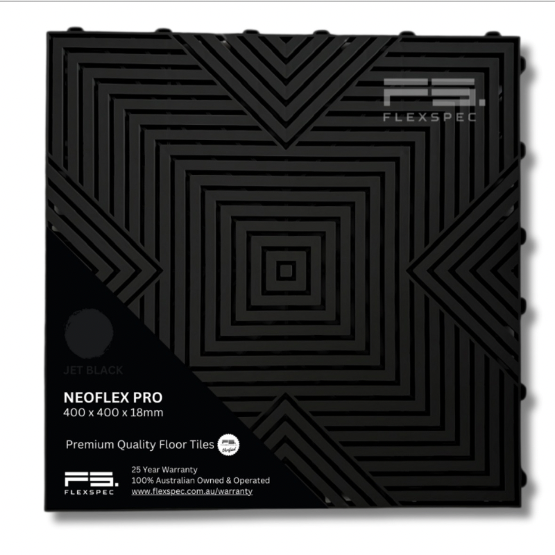 Black floor tile packaging with geometric pattern and Flexspec branding