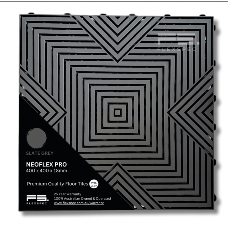 Neoflex Pro floor tile packaging with geometric pattern in slate grey