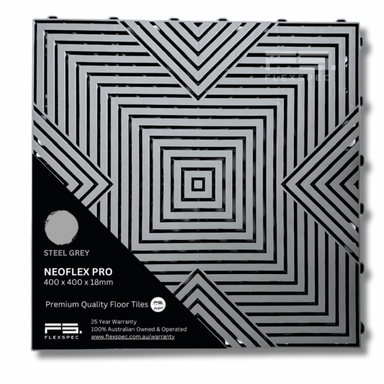 Packaging of Neoflex Pro floor tiles with geometric design in steel grey