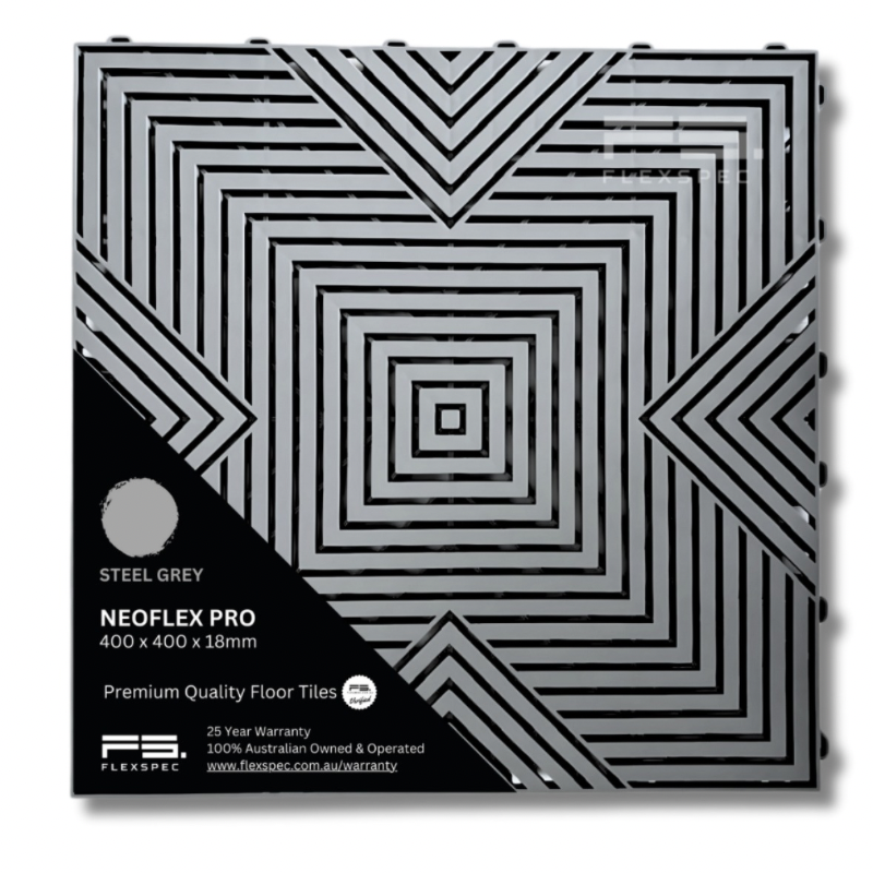 Packaging of Neoflex Pro floor tiles with geometric design in steel grey