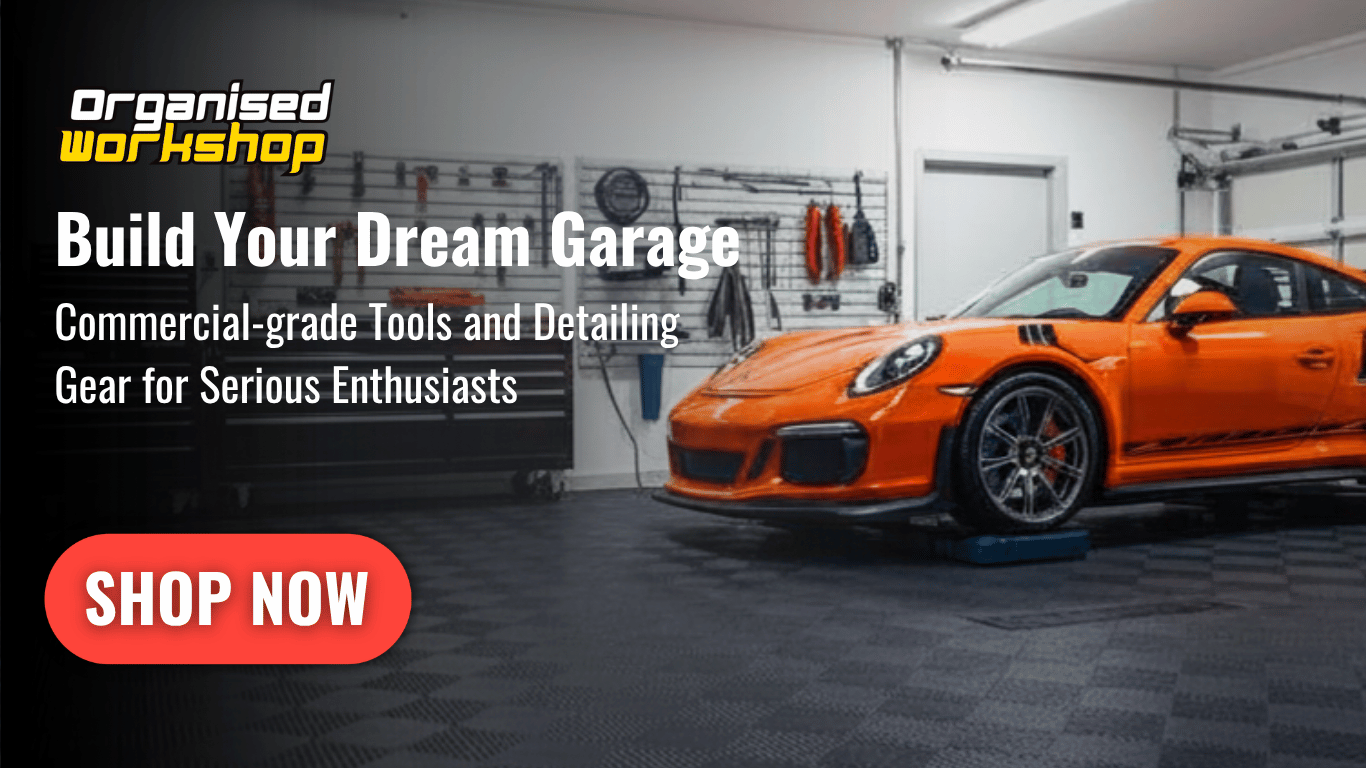 Orange sports car in a workshop with promotional text for a garage equipment brand.