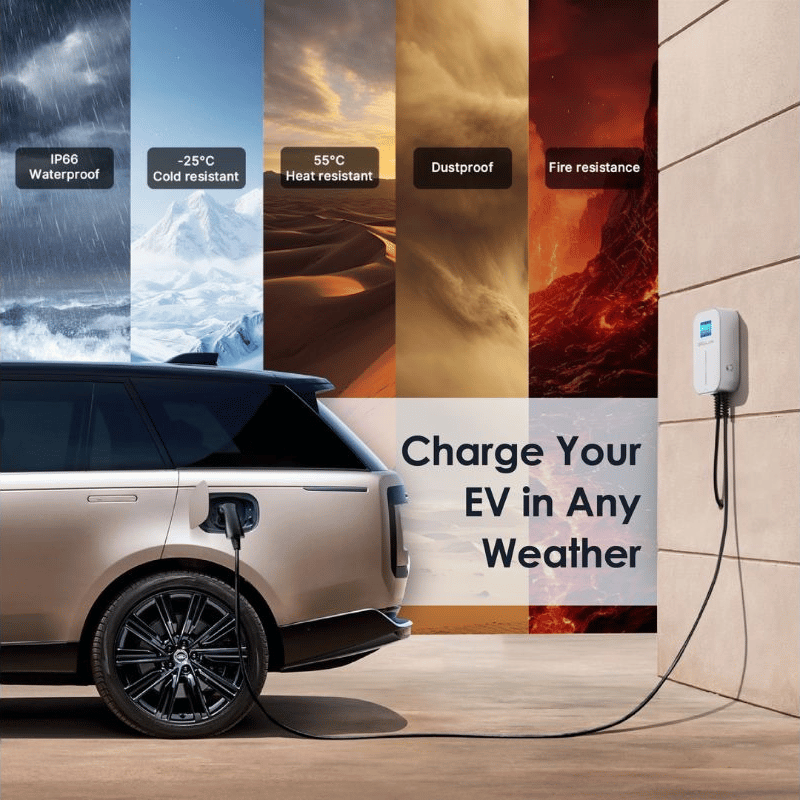 An electric vehicle is shown charging at a wall-mounted charger in a beige outdoor-style setting. Behind the car is a vertical collage of weather scenes labeled for weather resistance: IP66 waterproof, -25°C cold resistant, 55°C heat resistant, dustproof, and fire resistance.