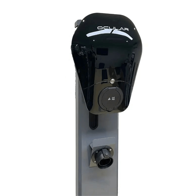 A black glossy Ocular electric vehicle charging unit mounted on a gray metal post, shown against a plain white background.