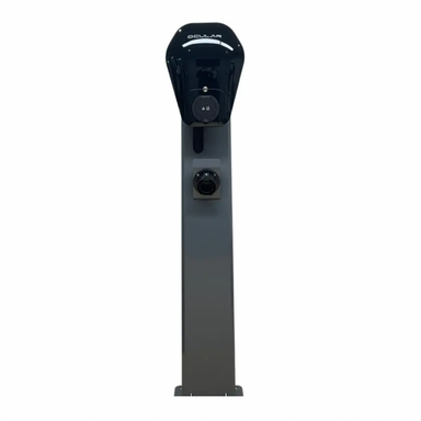 A solar-powered electric vehicle charging station dark gray metal post and a black charger, shown against a solid white background.