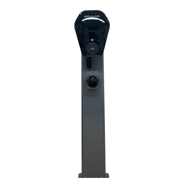 A solar-powered electric vehicle charging station dark gray metal post and a black charger, shown against a solid white background.