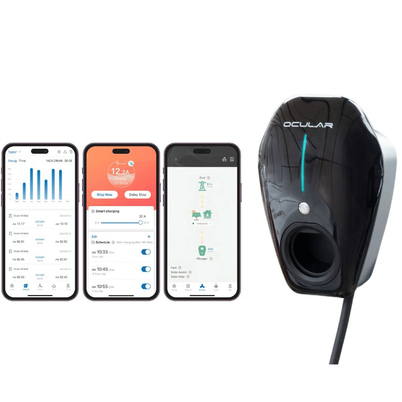 An OCULAR electric vehicle charger shown alongside three smartphone screens displaying its companion app interface, on a plain white background.