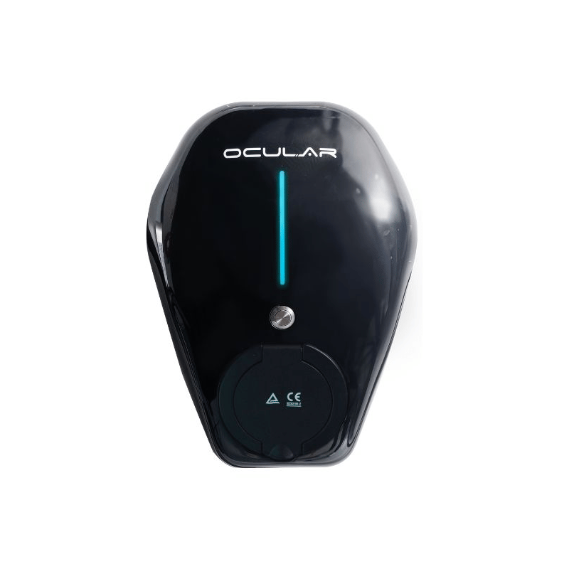 A glossy black Ocular electronic vehicle charger with a vertical cyan LED light, a silver button, and a circular control panel on a white background.