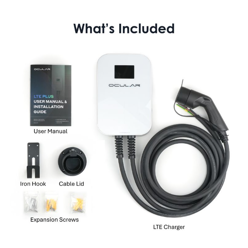 Ocular LTE Plus EV charger kit shown on a white background with labeled included items: the charger unit, charging cable, user manual, iron hook, cable lid, and expansion screws.