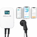 OCULAR EV charger wall unit in white with a digital display screen, shown alongside a black charging connector cable and four smartphone app screens displaying charging data and settings.