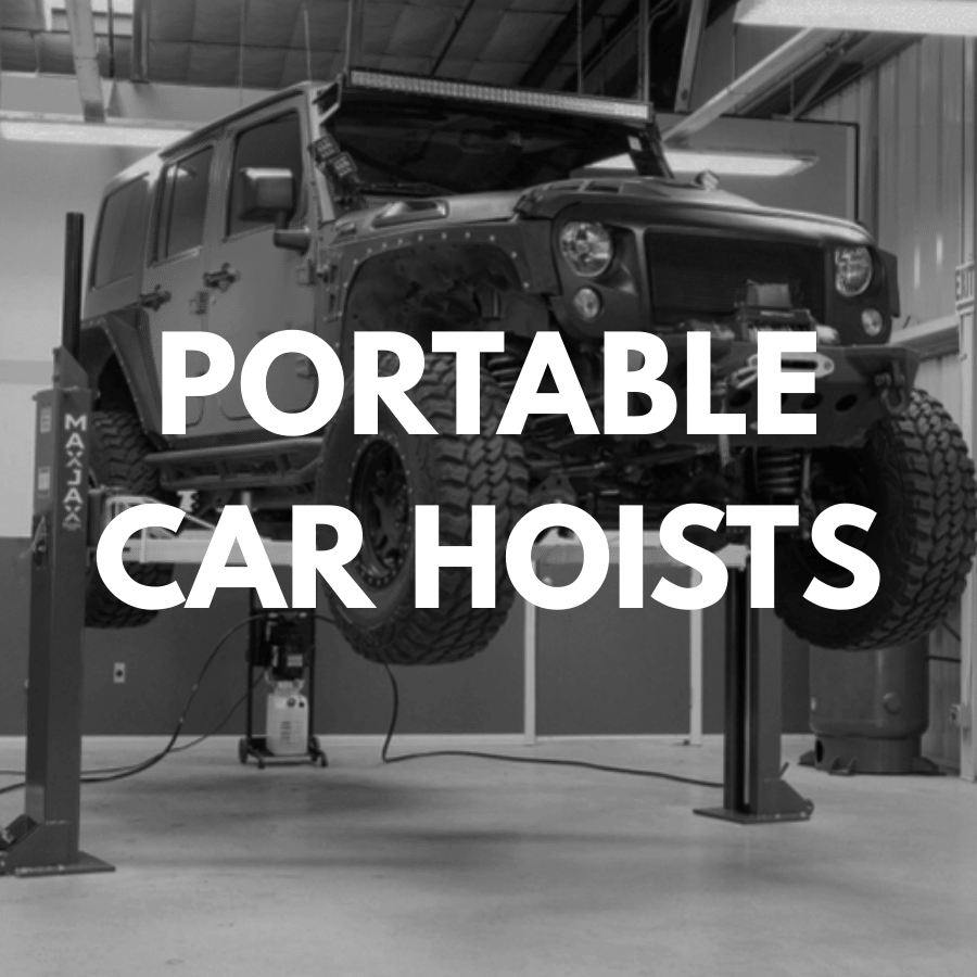 Car lifted on a portable car hoist in a garage setting with text 'PORTABLE CAR HOISTS'.