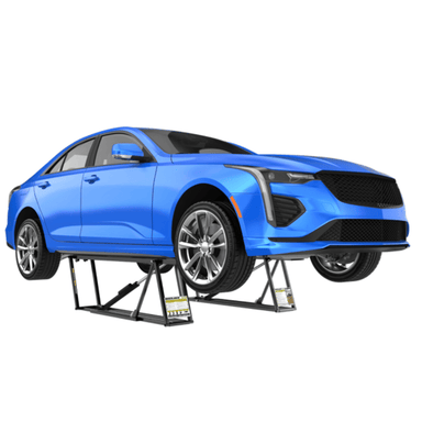 Blue car on a Quickjack hydraulic lift against a white background