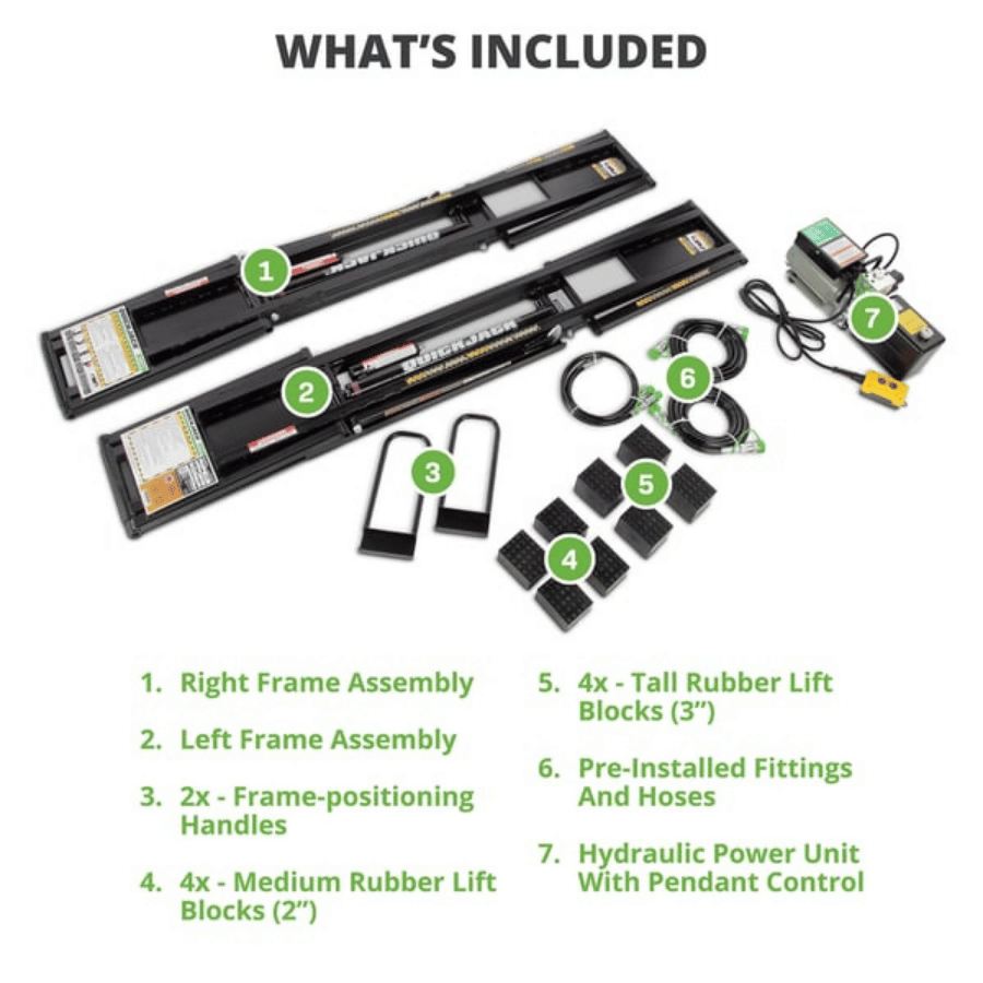 List of included components for a Quickjack 6000 series on a white background