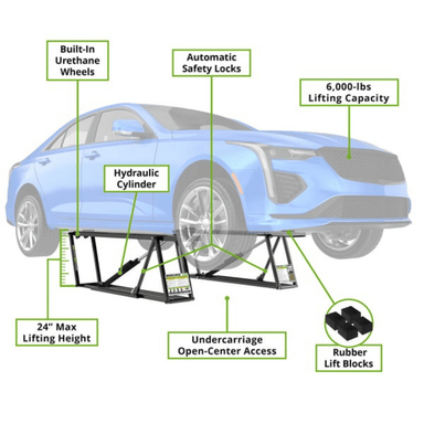 Diagram of a Quickjack 6000TL lift with labeled features on a white background