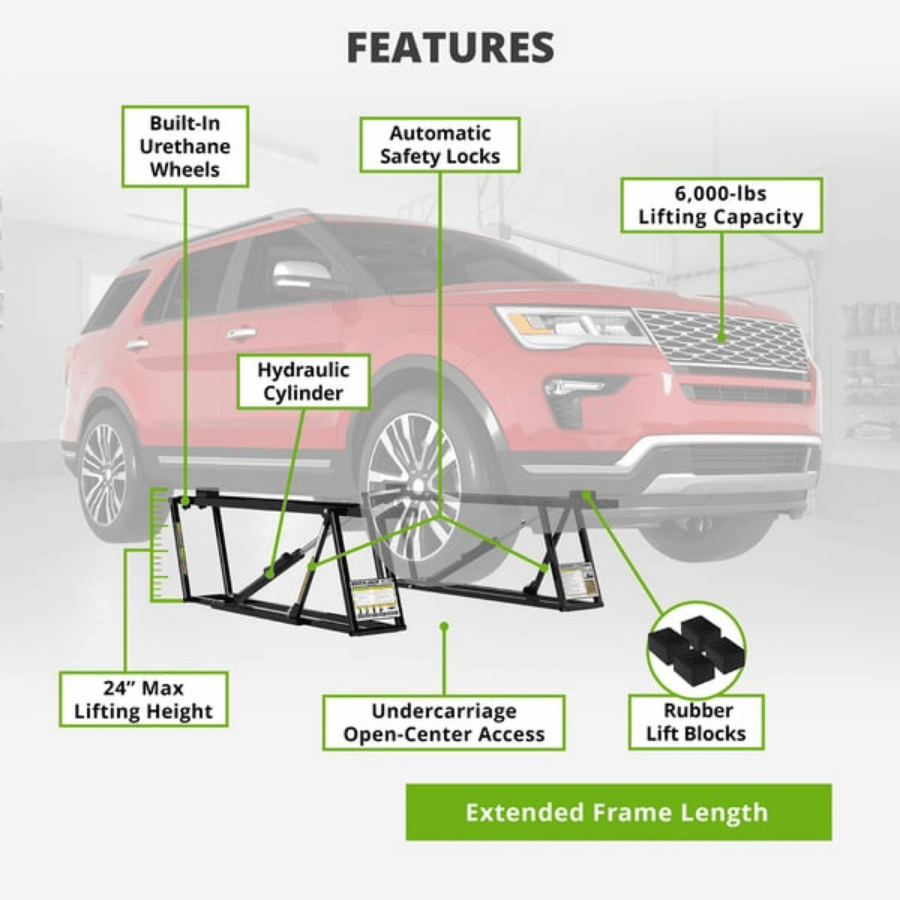 Quickjack 6000TLX lift with labeled features on a white background