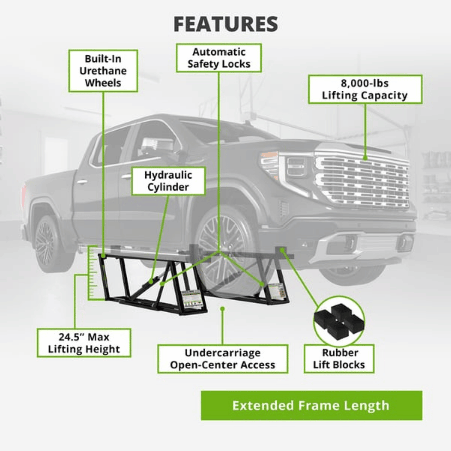 Diagram of a truck on a Quickjack 8000tlx with features highlighted, including built-in urethane wheels, automatic safety locks, and lifting capacity.