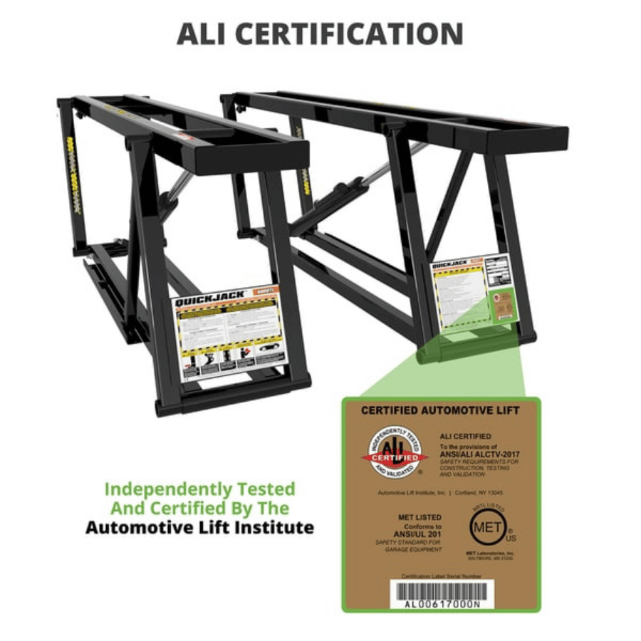 Automotive Quickjack 8000tl with ALI certification labels on a white background