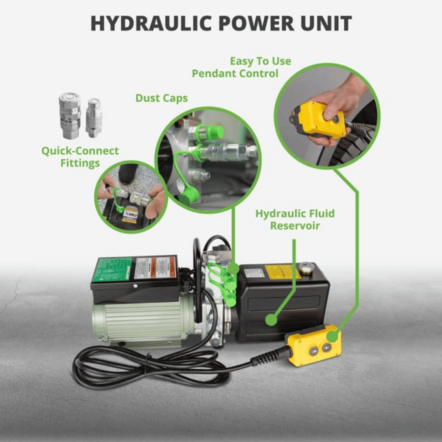 Quickjack hydraulic power unit with features highlighted on a gray background